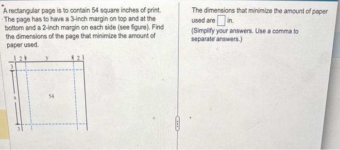 Solved A rectangular page is to contain 54 square inches of | Chegg.com