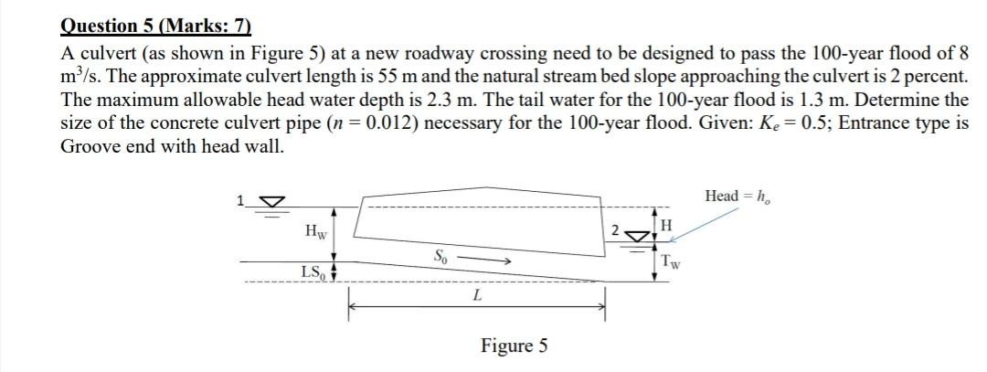 Solved Question 5 (Marks: 7) A Culvert (as Shown In Figure | Chegg.com