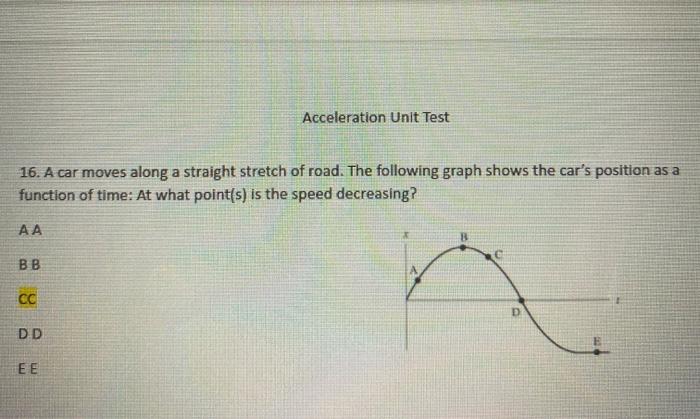 Solved Acceleration Unit Test 16. A car moves along a | Chegg.com