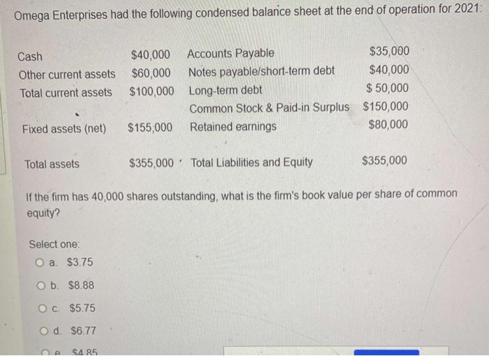 Solved Omega Enterprises had the following condensed balance