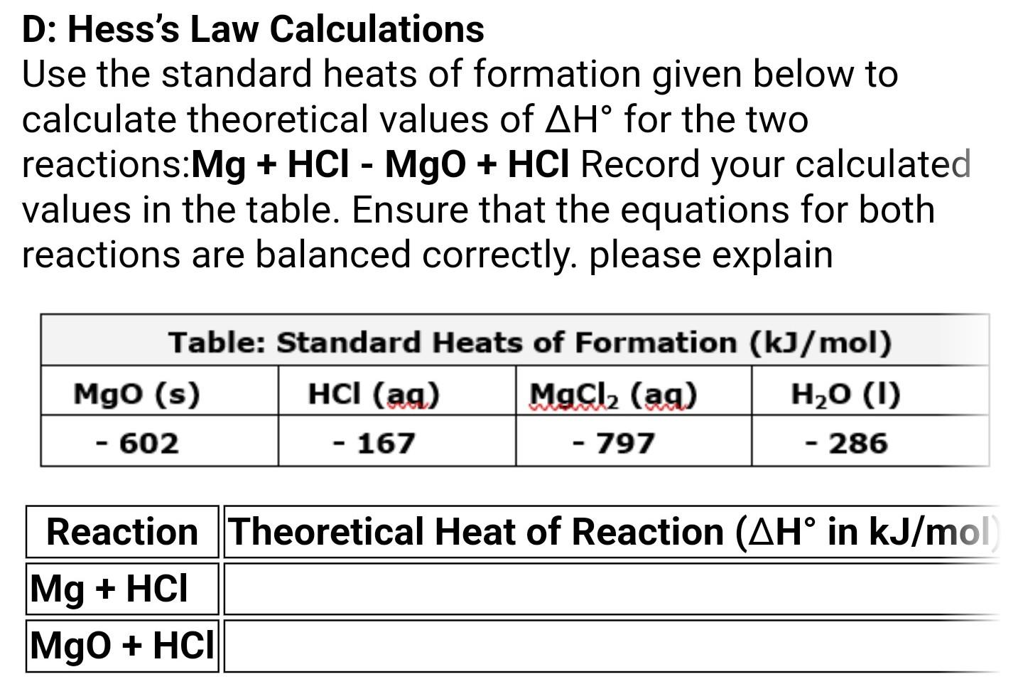 Solved D Hess's Law Calculations Use the standard heats of