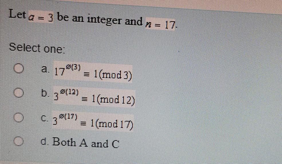 Solved Let G 3 Be An Integer And N 17 Select One A Chegg Com