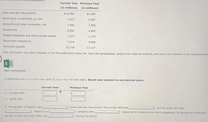 Solved Open spreadsheet a. Determine the (1) current ratio | Chegg.com