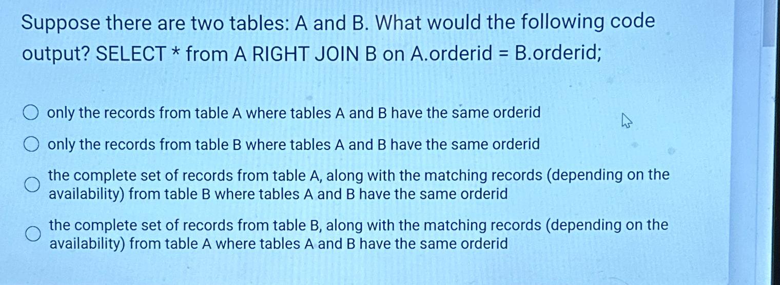 Solved Suppose There Are Two Tables: A And B. ﻿What Would | Chegg.com