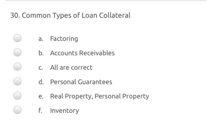 Solved 30. Common Types of Loan Collateral a. Factoring b. | Chegg.com