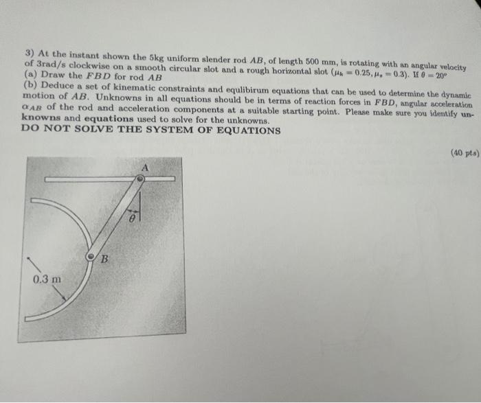 Solved 3) At The Instant Shown The 5 Kg Uniform Slender Rod | Chegg.com