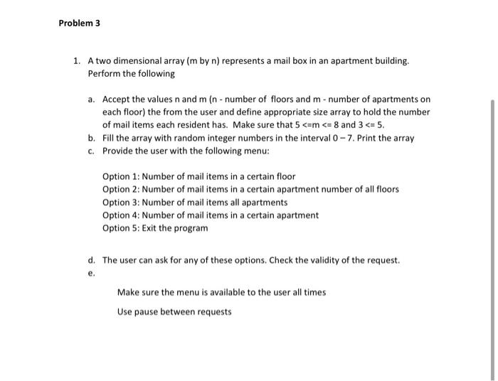 Solved Problem 3 1. A two dimensional array (m by n) | Chegg.com