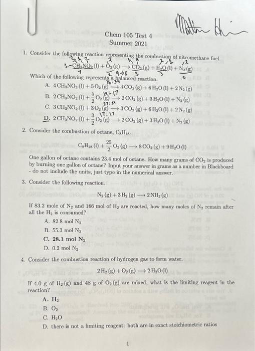 Solved Chem 105 Test 4 Summer 2021 1. Consider The Following | Chegg.com