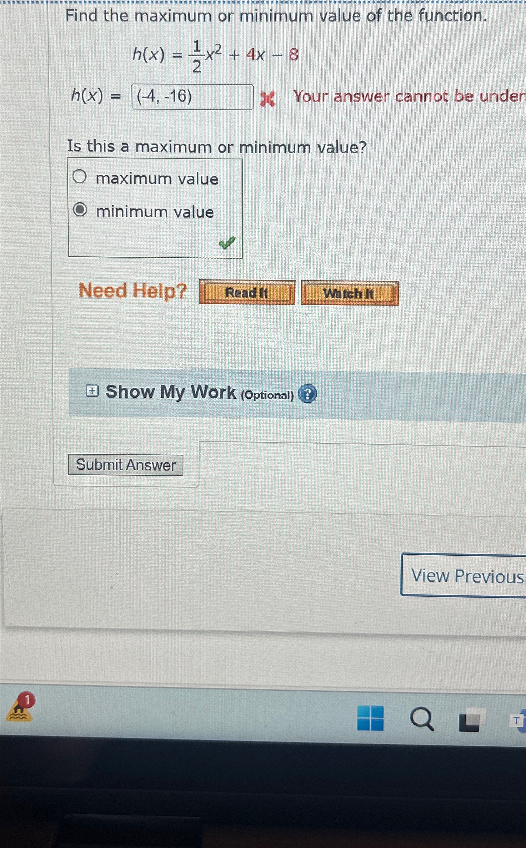 Solved Find the maximum or minimum value of the | Chegg.com