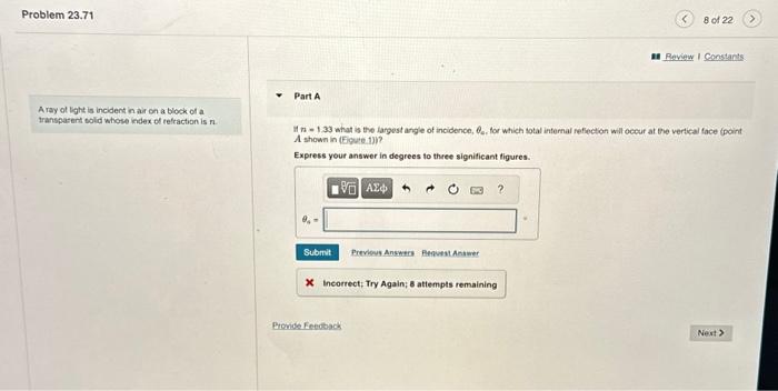 Solved A ray of light is incident in air on a block of | Chegg.com
