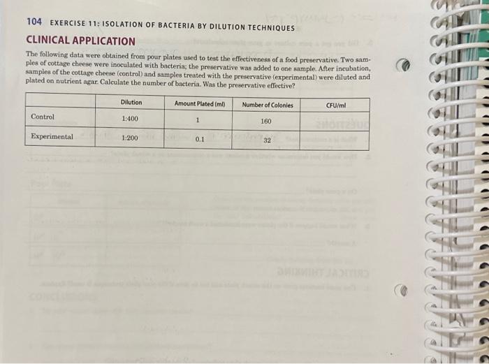 Solved 104 EXERCISE 11 ISOLATION OF BACTERIA BY DILUTION