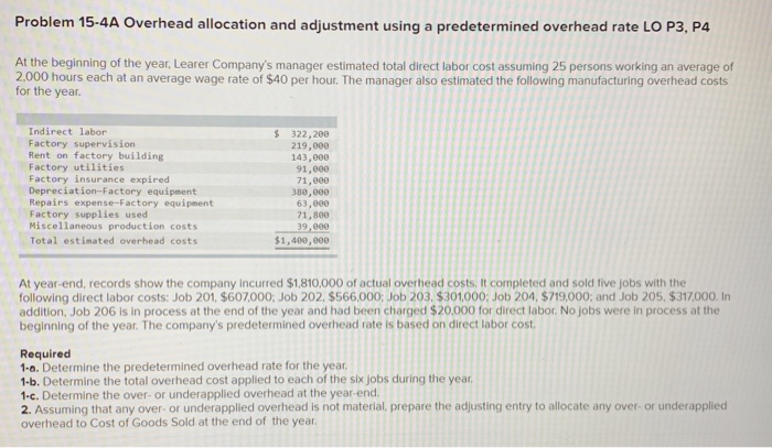 Solved Problem 15-4A Overhead allocation and adjustment | Chegg.com