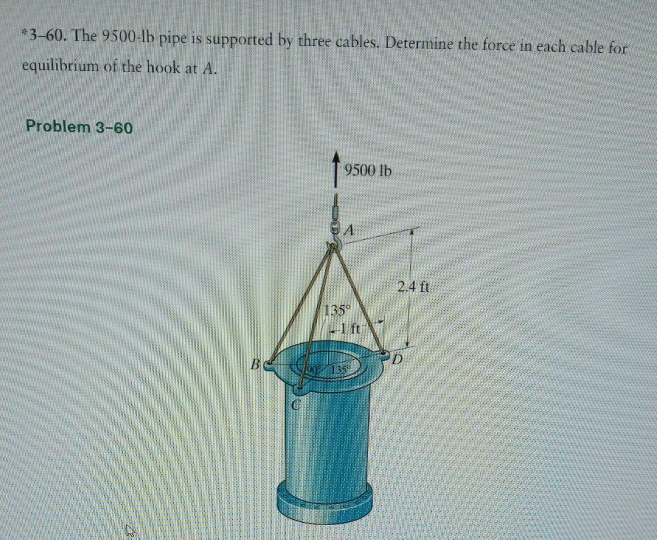 Solved 3 60 The 9500 lb Pipe Is Supported By Three Chegg