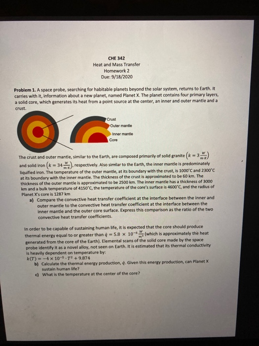 CHE 342 Heat and Mass Transfer Homework 2 Due: | Chegg.com