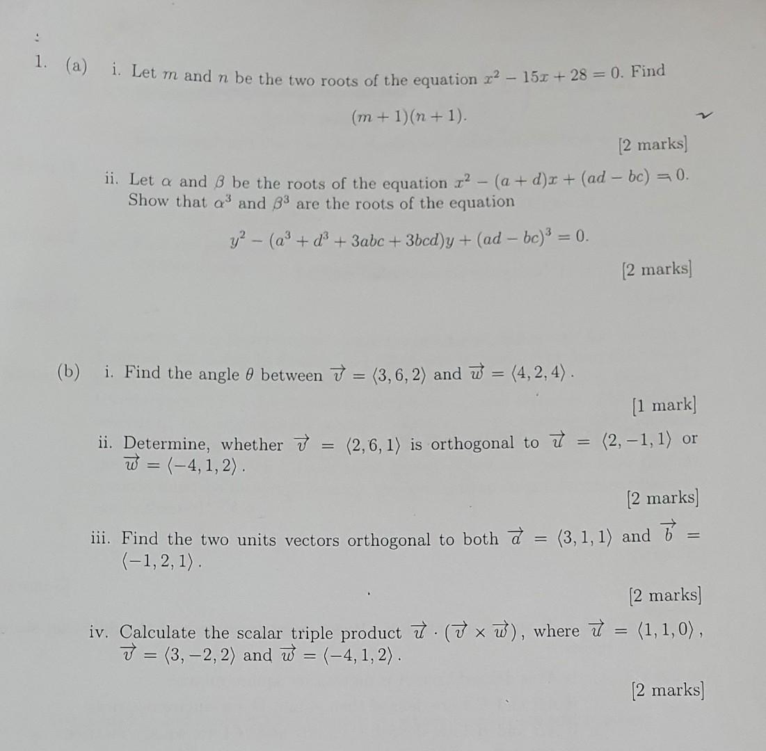 Solved 1. (a) i. Let m and n be the two roots of the | Chegg.com