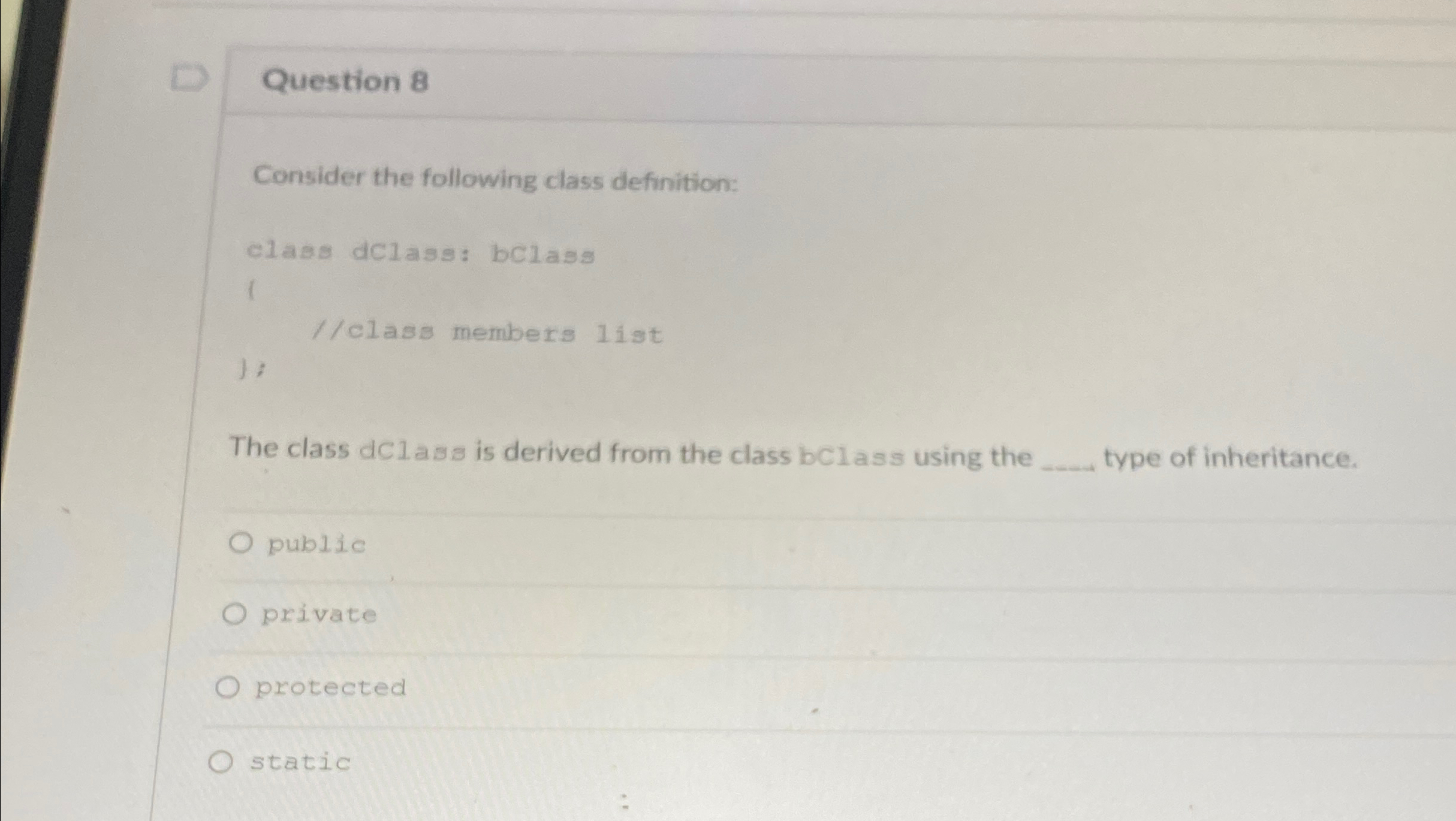 Solved Question 8Consider the following class definition:The | Chegg.com