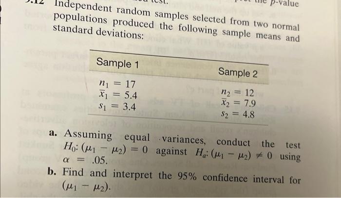 Solved Independent random samples selected from two normal | Chegg.com