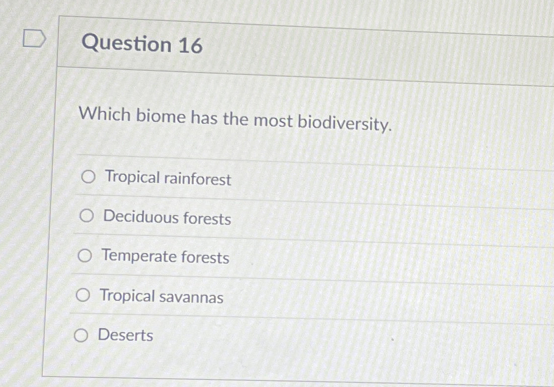 Solved Question 16Which biome has the most | Chegg.com