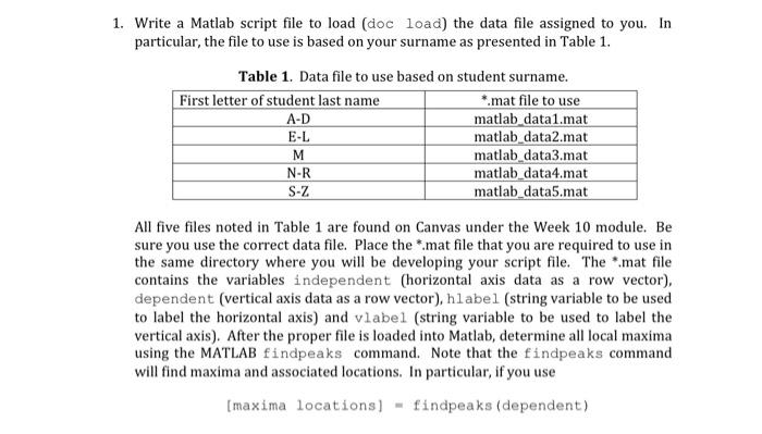 Solved 1. Write a Matlab script file to load (doc load) the | Chegg.com