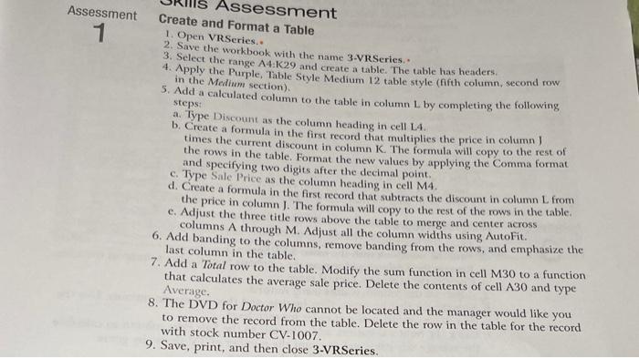 Assessment 1 Assessment Create and Format a Table 1. | Chegg.com