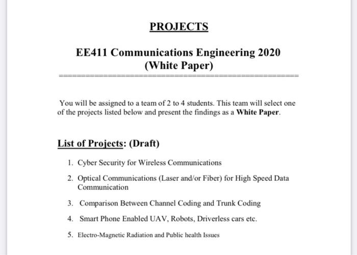 PROJECTS EE411 Communications Engineering 2020 (White | Chegg.com
