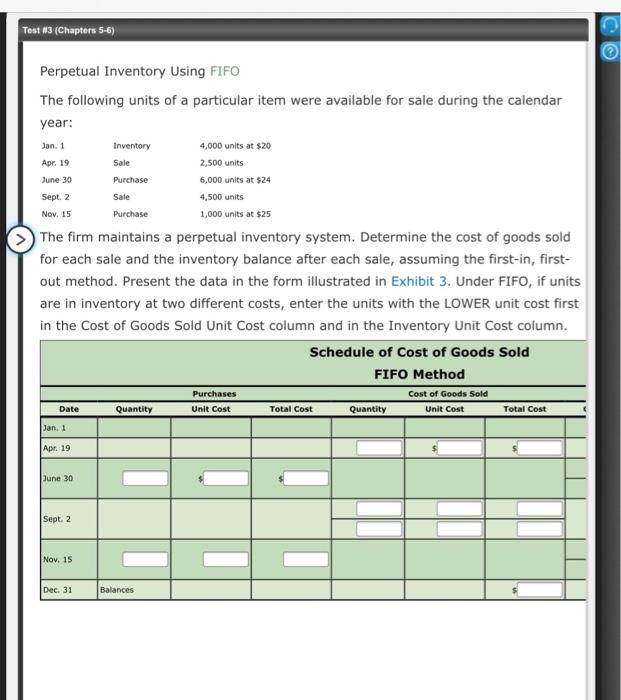 Solved Test #3 (Chapters 5-6) Perpetual Inventory Using FIFO | Chegg.com