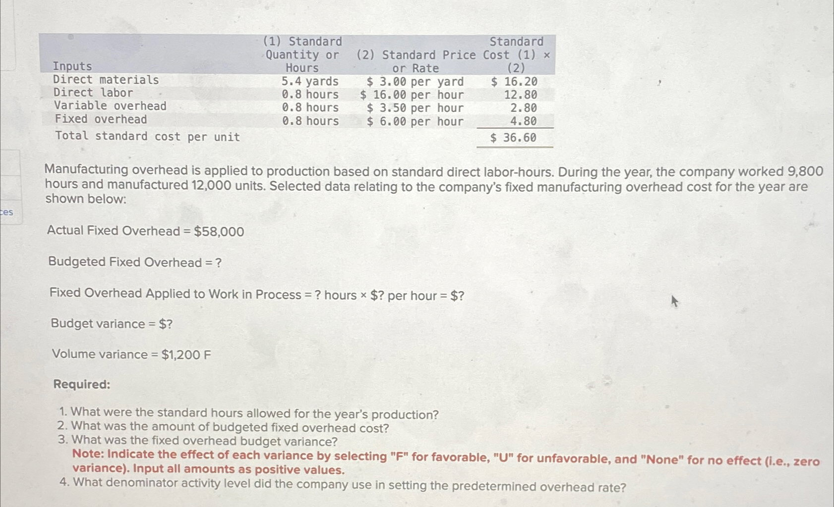 Solved \table[[Inputs,\table[[(1) ﻿Standard],[Quantity | Chegg.com