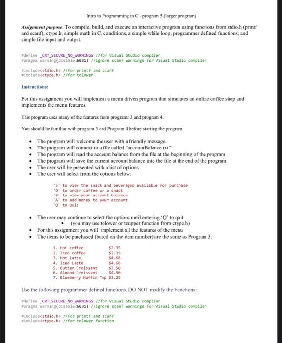 Solved Intro to Programming in C-program 5 (larger program) | Chegg.com