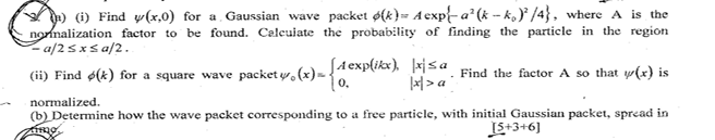 Solved S. (i) (i) ﻿Find ψ(x,0) ﻿for a Gaussian wave packet | Chegg.com