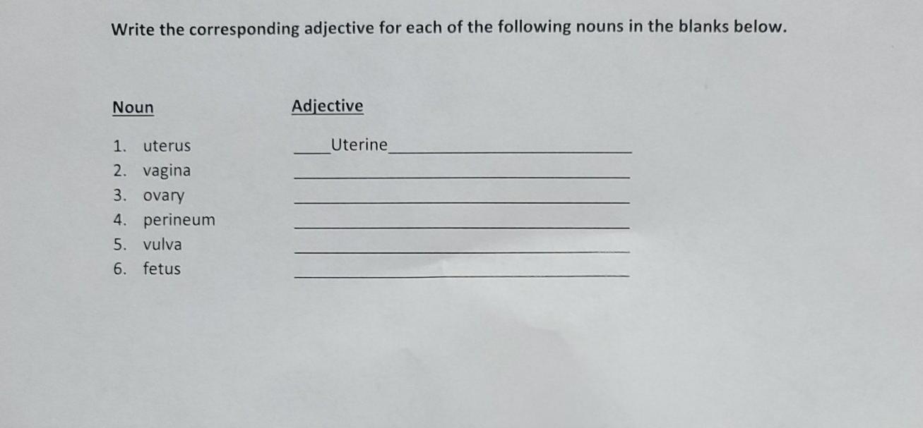 Write the corresponding adjective for each of the following nouns in the blanks below. Noun Adjective Uterine 1. uterus 2. va