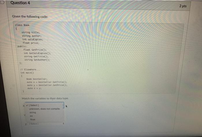 Solved Question 4 2 pts Given the following code: class Book | Chegg.com