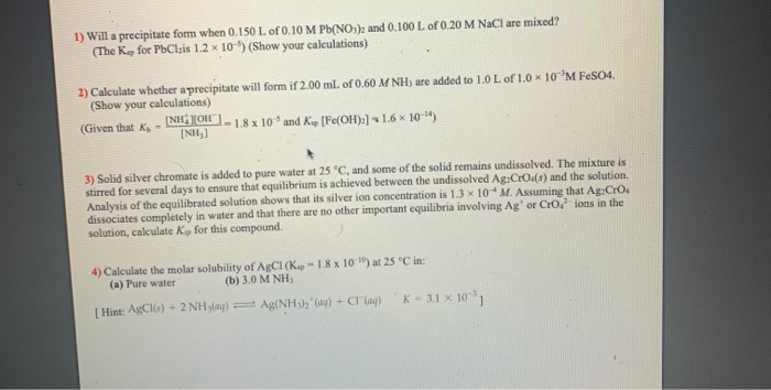Solved 1 Will A Precipitate Form When 0 150 L Of 0 10 M Chegg