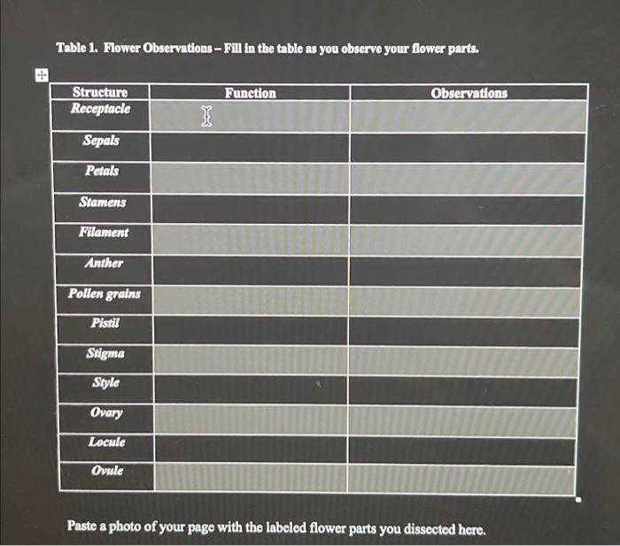 Solved Table 1. Flower Observations - Fill in the table as | Chegg.com