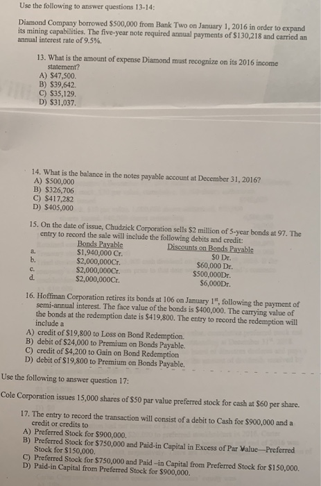 Solved Use the following to answer questions 13-14: Diamond | Chegg.com