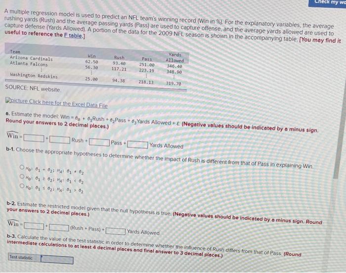 Solved A multiple regression model is used to predict an NFL