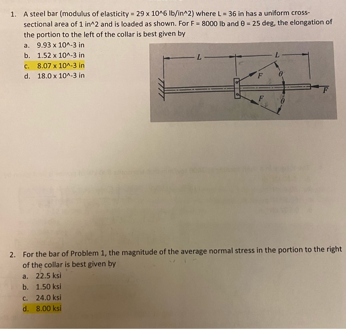 Solved 1. A steel bar (modulus of elasticity = 29 x 10^6