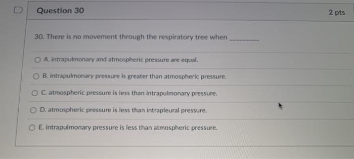 U Question 30 2 pts 30. There is no movement through the respiratory tree when O A intrapulmonary and atmospheric pressure ar