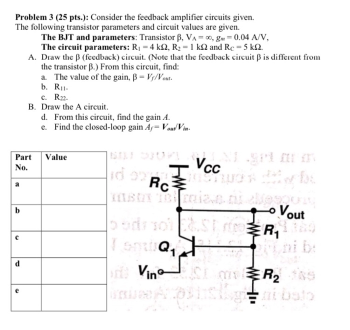 Problem 3 25 pts Consider the feedback amplifier Circuit Diagram