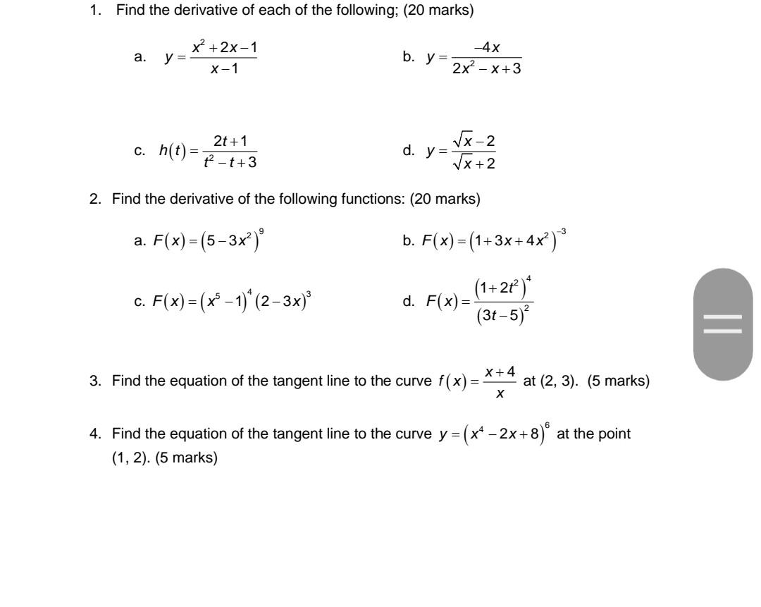 Solved 1. Find the derivative of each of the following; ( 20 | Chegg.com