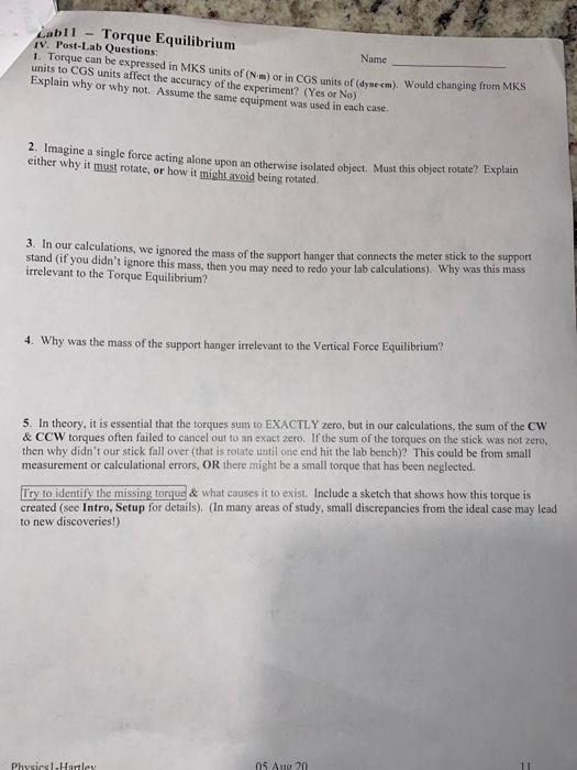 Solved need help with the post lab questions of a physics | Chegg.com