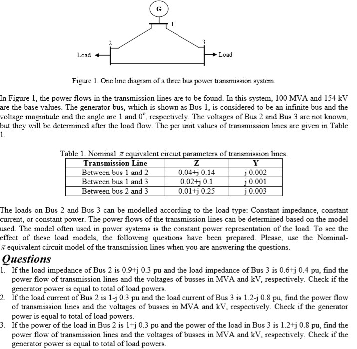 Solved Load + Load Figure 1. One Line Diagram Of A Three Bus | Chegg.com