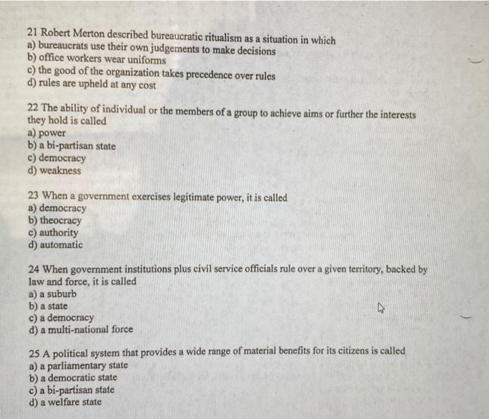 Solved 21 Robert Merton described bureaucratic ritualism as | Chegg.com