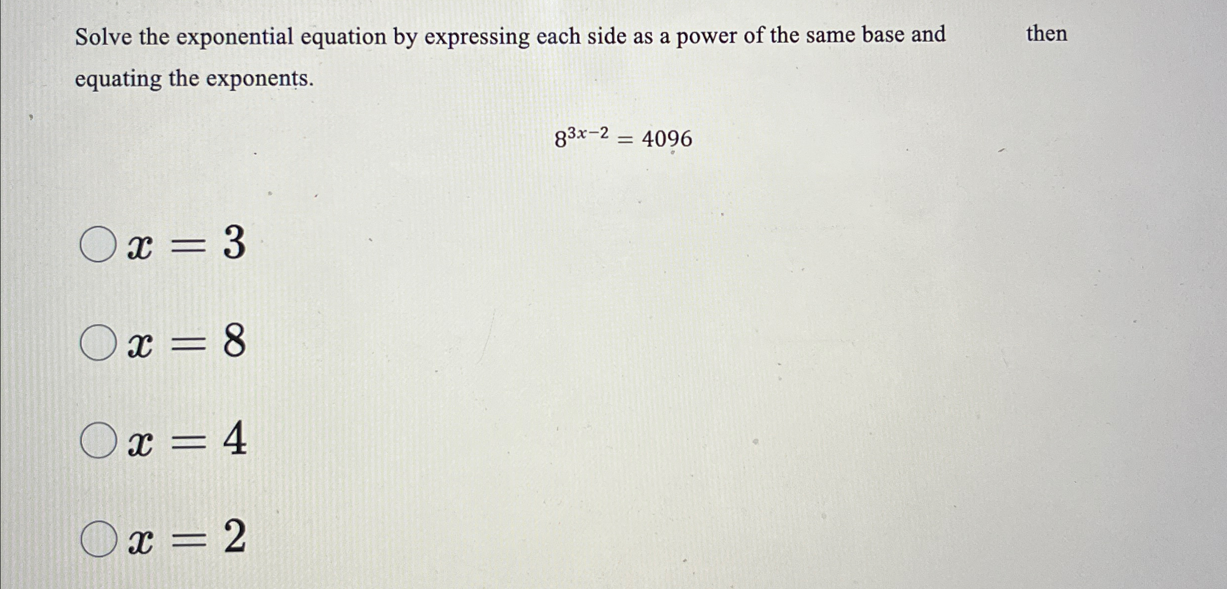 Solved Solve the exponential equation by expressing each | Chegg.com