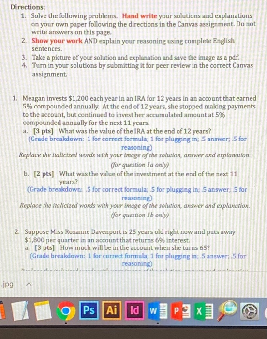Solved Directions: 1. Solve the following problems. Hand | Chegg.com