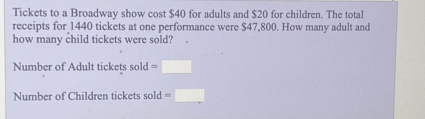 Solved Tickets to a Broadway show cost $40 ﻿for adults and | Chegg.com