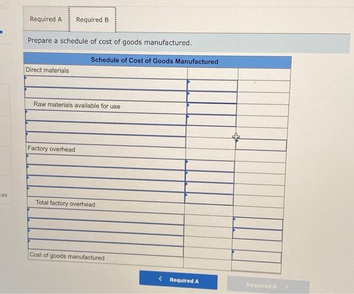 ces
Required A Required B
Prepare a schedule of cost of goods manufactured.
Direct materials
Raw materials available for use
