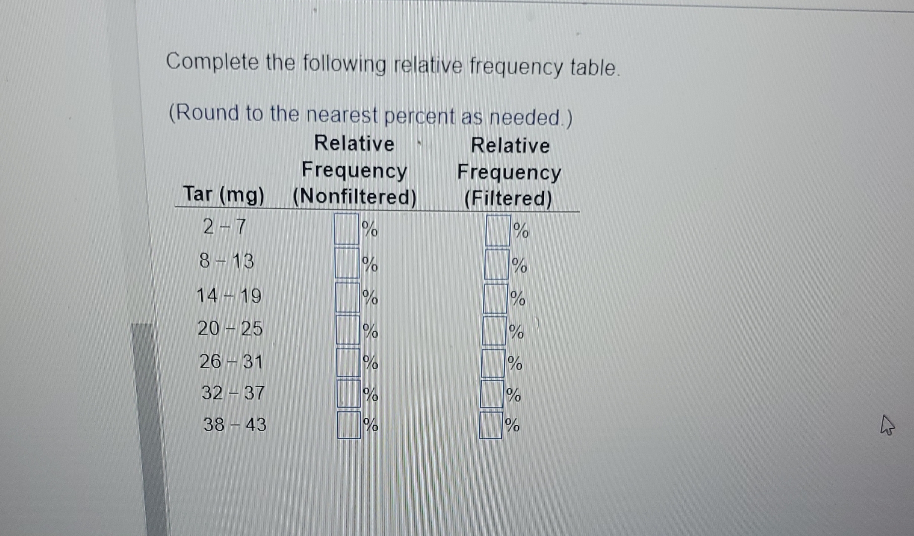 Relative Frequency Table Example Questions How to solve Complete the following relative | Chegg.com