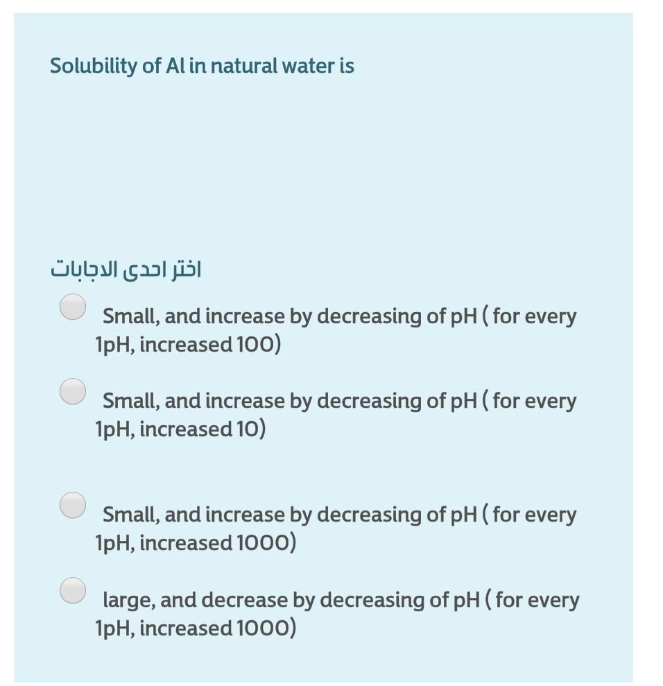 Solved Solubility of Al in natural water is اختر احدى | Chegg.com