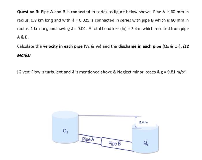 Solved Question 3: Pipe A and B is connected in series as | Chegg.com