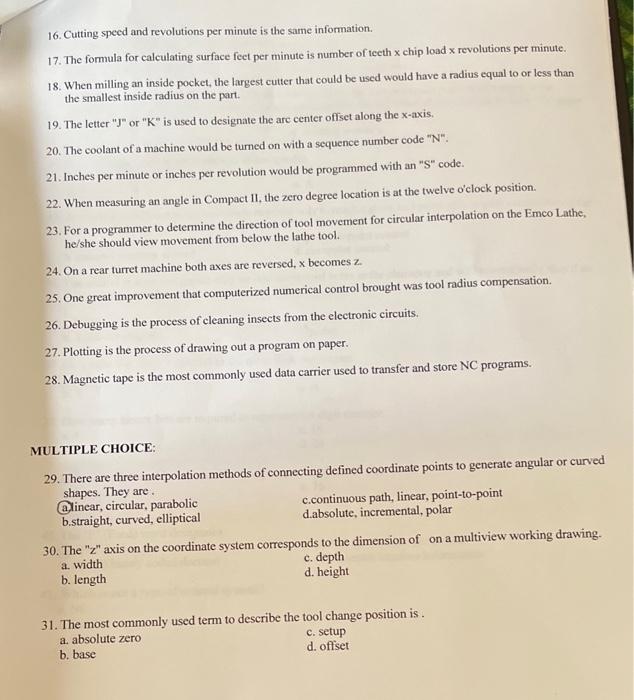 Solved 16. Cutting speed and revolutions per minute is the